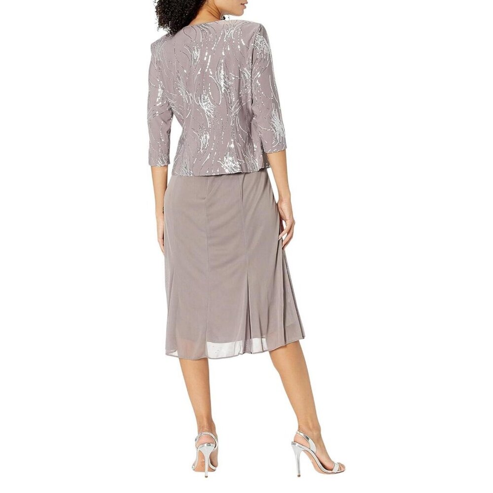 Alex Evenings Women's Tea Length Sequin Dress Pewter Brown / Frost 10 - Picture 11 of 14